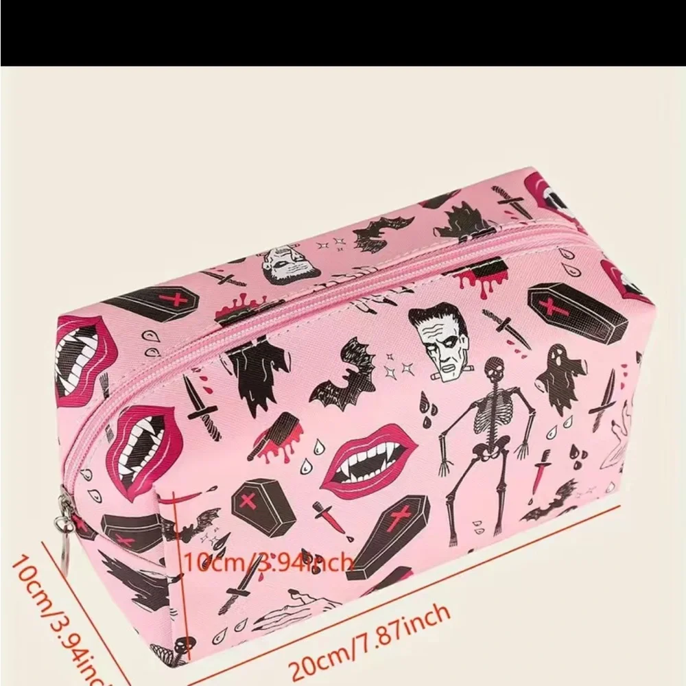 Halloween Pink Cosmetic Bag Goth Coffin Skeleton Dagger Fangs Ghoul Makeup - Picture 7 of 7